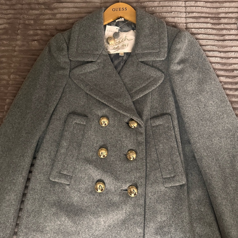 Size XSmall double breasted Coach Heather Gray Wool Pea Coat With gold buttons.